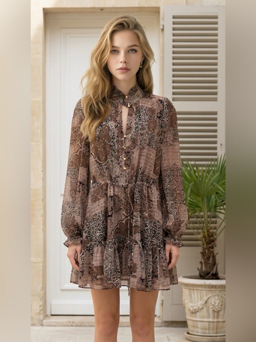House of Harlow 1960 Brown Paisley Tiered Long-Sleeve Dress